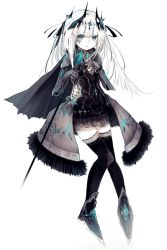 Rule 34 | 1girl, black cape, black dress, black footwear, black thighhighs, cape, dress, eyebrows, facial mark, fur trim, gauntlets, green eyes, headwear request, highres, holding, holding staff, long hair, long sleeves, looking at viewer, original, parted lips, riuichi, shoes, simple background, solo, staff, thighhighs, white background, white hair