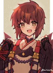 Rule 34 | 1girl, :d, absurdres, armor, artist name, bow, brown background, brown bow, brown eyes, brown hair, gauntlets, hair bow, haruto yuki, highres, japanese armor, long hair, looking at viewer, lora (xenoblade), open mouth, ponytail, smile, solo, upper body, xenoblade chronicles (series), xenoblade chronicles 2, xenoblade chronicles 2: torna - the golden country