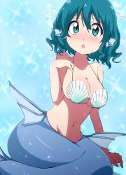 Rule 34 | 1girl, alternate costume, animal ears, bare shoulders, blue eyes, blue hair, blush, breasts, bwell, fins, full-face blush, head fins, large breasts, matching hair/eyes, mermaid, monster girl, navel, open mouth, shell, shell bikini, short hair, solo, touhou, wakasagihime, wet