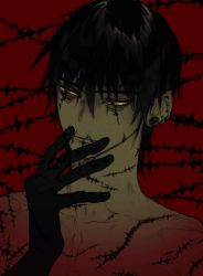 Rule 34 | 1boy, animated, animated gif, barbed wire, black hair, black sclera, black skin, colored sclera, colored skin, ear piercing, evil grin, evil smile, fingernails, grin, hand on own face, looking at viewer, male focus, monster boy, original, piercing, pigeon666, plug (piercing), portrait, red background, scar, scar across eye, scar on chest, scar on face, scar on mouth, scar on neck, scars all over, sharp fingernails, sharp teeth, short hair, signature, smile, solo, teeth, too many, scars all over, transformation, yellow eyes