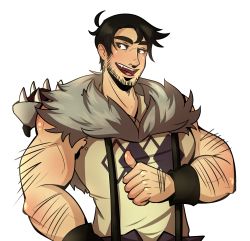 Rule 34 | 1boy, absurdres, arm hair, beowulf (skullgirls), black hair, facial hair, highres, male focus, opera ghost, pelt, pointing, pointing at self, short hair, sideburns, skullgirls, solo, stubble, suspenders, transparent background