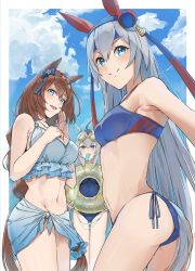 Rule 34 | 1girl, 3girls, 9 no seicho nikki, absurdres, ahoge, bare shoulders, bikini, blue bikini, blue eyes, blush, braid, breasts, brown hair, casual one-piece swimsuit, cleavage, closed mouth, cloud, crown braid, food, food in mouth, frilled bikini, frills, goggles, goggles on head, grey hair, groin, hairband, hand on own chest, headband, highres, holding, holding swim ring, horse girl, innertube, large breasts, long hair, looking at viewer, looking back, multiple girls, navel, oguri cap (umamusume), one-piece swimsuit, open mouth, outdoors, popsicle, popsicle in mouth, sarong, side-tie bikini bottom, small breasts, smile, split mouth, super creek (umamusume), swim ring, swimsuit, tamamo cross (umamusume), umamusume
