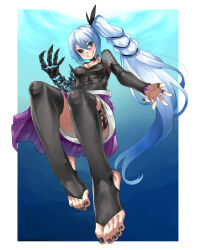 Rule 34 | 1girl, belt, black nails, black ribbon, black sclera, black thighhighs, blue background, blue hair, blush, breasts, bridal legwear, claws, colored sclera, commentary request, commission, eiji (eiji), eris (atelier951), evil smile, feet, floating, foot focus, highres, jewelry, legs, light blue background, light blue hair, long hair, low-tied long hair, magic, multi-tied hair, multiple rings, nail polish, naughty face, no shoes, original, purple skirt, ribbon, ring, see-through, shiny clothes, side ponytail, skirt, small breasts, smile, solo focus, stirrup legwear, thighhighs, thumb ring, toeless legwear, toenail polish, toenails, toes, very long hair, white skirt