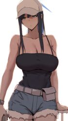Rule 34 | 1girl, absurdres, bare shoulders, baseball cap, belt, black camisole, black hair, blue archive, blue eyes, blue shorts, breasts, camisole, cleavage, collarbone, cutoffs, denim, denim shorts, gomu (chewinggom), halo, hat, highres, large breasts, long hair, pouch, saori (blue archive), short shorts, shorts, sidelocks, solo, watch, white hat, wristwatch