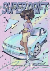 Rule 34 | 1980s (style), 1girl, 2023, artist name, ass, breasts, brown hair, car, commentary, dark-skinned female, dark skin, expressionless, from side, highres, license plate, long sleeves, looking at viewer, medium breasts, mizucat, motor vehicle, nissan, nissan s13 silvia, nissan silvia, off-shoulder shirt, off shoulder, oldschool, open hand, original, ponytail, purple shirt, retro artstyle, shadow, shirt, shoes, shorts, sneakers, socks, solo, symbol-only commentary, vehicle focus, vehicle name, white footwear, white socks, yellow shorts