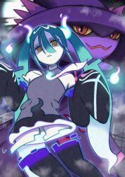 Rule 34 | 1girl, absurdres, bare shoulders, black skirt, black sleeves, colored sclera, commentary request, creatures (company), detached sleeves, eyelashes, game freak, gen 4 pokemon, ghost miku (project voltage), glitch, grey shirt, hair between eyes, hatsune miku, highres, long hair, mismagius, momo juice, nintendo, pale skin, parted lips, pokemon, pokemon (creature), print sleeves, project voltage, red eyes, shirt, skirt, sleeves past fingers, sleeves past wrists, teeth, twintails, vocaloid, yellow eyes, yellow sclera