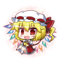 Rule 34 | 1girl, ascot, bad id, bad pixiv id, blonde hair, chibi, fang, flandre scarlet, gradient background, hat, hat ribbon, kneehighs, knees up, looking at viewer, mob cap, noai nioshi, open mouth, outline, puffy short sleeves, puffy sleeves, red eyes, ribbon, short hair, short sleeves, side ponytail, sitting, skirt, skirt set, socks, solo, star (symbol), striped clothes, striped socks, touhou, wings