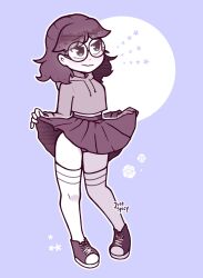 Rule 34 | 1girl, clothes lift, commentary, cropped hoodie, english commentary, full body, glasses, greyscale with colored background, high-waist skirt, highres, hood, hoodie, justspicy, lifting own clothes, miniskirt, original, pleated skirt, round eyewear, shoes, skirt, skirt lift, smile, sneakers, solo, thighhighs, zettai ryouiki