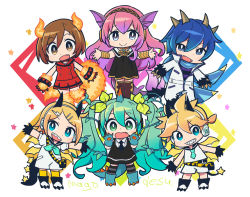Rule 34 | 2boys, 4girls, aqua hair, bare shoulders, black dress, blonde hair, blue eyes, blue hair, blue scarf, boots, brown eyes, brown hair, chibi, claws, coat, commentary, dress, elements, gloves, hair ornament, hairclip, hands up, hatsune miku, horns, leaf hair ornament, long hair, mago, multiple boys, multiple girls, outstretched arms, pink hair, scarf, shirt, short ponytail, shorts, single horn, smile, spiked hair, swept bangs, tail, thighhighs, twintails, very long hair, vocaloid, white coat, white shirt, white shorts