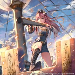 Rule 34 | 1girl, aiming, belt, blue shorts, blue sky, boots, breasts, closed mouth, cloud, cloudy sky, commentary request, day, finger on trigger, floating hair, gun, gyakushuu no fantasica, hat, highres, holding, holding gun, holding weapon, large breasts, long hair, looking at viewer, musyne xsk, official art, outdoors, pink eyes, pink hair, ship, shorts, sky, solo, sparks, standing, watercraft, watermark, weapon