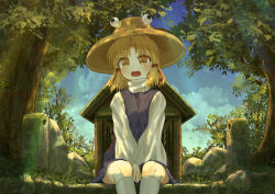 Rule 34 | 1girl, absurdres, between legs, blonde hair, blue sky, cloud, commentary request, day, ekaapetto, feet out of frame, hair ribbon, hand between legs, hat, high collar, highres, kneehighs, light rays, long sleeves, looking at viewer, moriya suwako, moss, open mouth, outdoors, parted bangs, purple skirt, purple vest, ribbon, rope, shide, shimenawa, shirt, short hair, shrine, sidelocks, sitting, skirt, sky, socks, solo, sunbeam, sunlight, touhou, tree, v arms, vest, white shirt, white socks, yellow eyes
