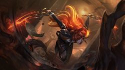 Rule 34 | 1girl, absurdres, artist request, black jacket, black pants, closed mouth, dagger, dual wielding, glowing, glowing eye, hair over one eye, high noon katarina, highres, holding, holding dagger, holding knife, holding weapon, indoors, jacket, katarina (league of legends), knife, lamp, league of legends, long sleeves, official art, pants, paper, red hair, red lips, scar, scar across eye, smile, solo, weapon