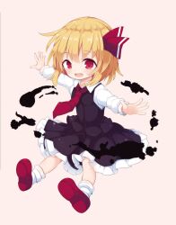 Rule 34 | 1girl, ascot, beni shake, black skirt, black vest, blonde hair, bow, collared shirt, dress, fang, frilled skirt, frills, hair bow, hair ribbon, highres, long sleeves, necktie, open mouth, outstretched arms, red ascot, red eyes, red footwear, red necktie, red ribbon, ribbon, rumia, shirt, short hair, skirt, skirt set, smile, socks, solo, spread arms, strange creators of outer world, touhou, vest, white shirt