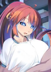 Rule 34 | 1boy, 1girl, ahoge, blue eyes, breasts squeezed together, breasts, demon girl, gym uniform, hair ribbon, hetero, highres, huge breasts, indoors, licking lips, long hair, mole, original, paizuri, paizuri under clothes, ponytail, red hair, ribbon, shiki (psychedelic g2), shirt, solo focus, tongue, tongue out, white shirt