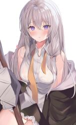 Rule 34 | 1girl, alternate breast size, bare shoulders, between legs, blush, braid, breasts, broom, collared shirt, elaina (majo no tabitabi), grey hair, hair between eyes, highres, holding, holding broom, jacket, jacket partially removed, long hair, long sleeves, majo no tabitabi, medium breasts, no headwear, noco (no coco0), open clothes, open jacket, purple eyes, ribbon, shirt, simple background, single braid, sleeves past fingers, sleeves past wrists, solo, white background, white shirt, yellow ribbon