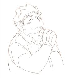 Rule 34 | 1boy, blush, closed mouth, collared shirt, commentary request, diru, eating, fat, fat man, gloves, hand up, looking at viewer, male focus, monochrome, one eye closed, shirt, short hair, short sleeves, simple background, solo, thick eyebrows, tokyo houkago summoners, undercut, upper body, white background, yakushimaru ryota