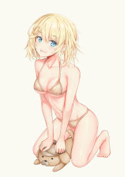 Rule 34 | 1girl, :d, absurdres, andy2465, bare arms, bare legs, bare shoulders, barefoot, bikini, blonde hair, blue eyes, breasts, bubba (watson amelia), collarbone, commentary, feet, full body, hair between eyes, hair ornament, highres, hololive, hololive english, kneeling, looking at viewer, medium breasts, navel, open mouth, shiny skin, short hair, simple background, smile, solo, string bikini, swimsuit, virtual youtuber, watson amelia, white background