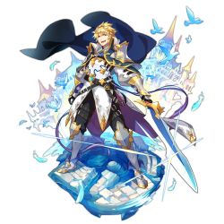 Rule 34 | armor, armored boots, belt, bird, blonde hair, blue eyes, boots, castle, dragalia lost, full body, greatsword, male focus, non-web source, official art, saitou naoki, shine, smile, solo, sword, transparent background, xander (dragalia lost)