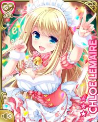 Rule 34 | 1girl, animal ears, blonde hair, blue eyes, bow, cafe, card (medium), cat ears, cat tail, character name, chloe lemaire, dress, fake animal ears, fake animal tail, girlfriend (kari), hat, indoors, long hair, maid headdress, official art, open mouth, qp:flapper, smile, solo, tagme, tail, teal background, v, white bow, white dress, white hat