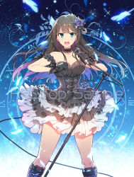 Rule 34 | 10s, 1girl, bare shoulders, blush, boots, brown hair, character name, dress, flower, green eyes, hair flower, hair ornament, idolmaster, idolmaster cinderella girls, long hair, looking at viewer, microphone, microphone stand, open mouth, redrop, sample watermark, shibuya rin, solo, watermark