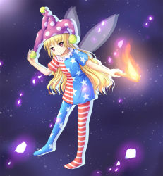 Rule 34 | 1girl, american flag dress, american flag legwear, american flag shirt, blonde hair, clownpiece, collar, fairy wings, fire, frilled collar, frilled shirt collar, frills, full body, hat, highres, holding, jester cap, leaning forward, lely, long hair, looking at viewer, neck ruff, pantyhose, polka dot, red eyes, short sleeves, smile, solo, standing, striped clothes, striped pantyhose, torch, touhou, wings