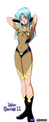 Rule 34 | 1girl, blue eyes, blue hair, bodysuit, character name, copyright name, facial mark, forehead mark, ishtar, ishtar (macross), long hair, macross, macross 2, mardook, matching hair/eyes, see-through bodysuit, solo, white background