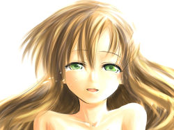 Rule 34 | 00s, 1girl, :d, bare shoulders, blush, brown hair, code geass, collarbone, crying, crying with eyes open, green eyes, hair between eyes, half-closed eyes, happy, happy tears, kurogoma, kurogoma (summer), long hair, looking at viewer, open mouth, shirley fenette, simple background, smile, solo, tears, upper body, white background