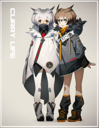 Rule 34 | 10s, 2girls, alternate costume, ankle boots, black coat, black footwear, blonde hair, boots, bright pupils, brown background, brown eyes, brown hair, chromatic aberration, clothes writing, coat, commentary request, covered mouth, cross-laced footwear, drawstring, emblem, english text, eurasian eagle owl (kemono friends), full body, fur trim, gradient background, hair between eyes, head wings, highres, hood, hood down, hooded coat, kemono friends, lace-up boots, leg warmers, long sleeves, looking at viewer, multicolored hair, multiple girls, necktie, northern white-faced owl (kemono friends), open mouth, red necktie, short hair, silver hair, sitting, sitting on face, sitting on person, standing, streaked hair, thighhighs, waterkuma, white coat, white footwear, white legwear, wing collar, wings, zipper