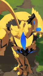 Rule 34 | 1other, all fours, blue eyes, claws, commentary request, creatures (company), electricity, from above, furry, game freak, gen 7 pokemon, grass, highres, legendary pokemon, mythical pokemon, nintendo, pokemon, pokemon (creature), solo, yellow fur, yunimaru, zeraora