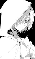 Rule 34 | 1boy, bags under eyes, cape, dungeon meshi, empty eyes, expressionless, greyscale, hand up, hood, hood up, hooded cape, looking at viewer, male focus, maratang, mithrun, monochrome, shirt, short hair, simple background, solo