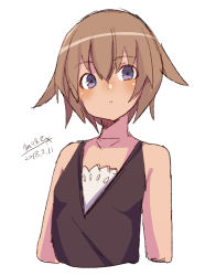 Rule 34 | 1girl, bare shoulders, black shirt, blush, breasts, brown hair, closed mouth, collarbone, cropped torso, dark-skinned female, dark skin, dated, hair between eyes, head tilt, looking at viewer, maze (gochama ze gohan), original, purple eyes, shirt, signature, simple background, sketch, sleeveless, sleeveless shirt, small breasts, solo, upper body, white background