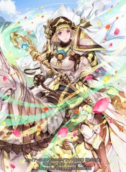 Rule 34 | 1girl, armor, barding, blonde hair, blue sky, cloud, company name, copyright name, day, earrings, fire emblem, fire emblem: three houses, fire emblem cipher, hat, holding, holding staff, horse, horseback riding, itou misei, jewelry, mercedes von martritz, nintendo, official art, outdoors, pauldrons, petals, purple eyes, riding, short hair, shoulder armor, sky, solo, staff