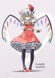 Rule 34 | 1girl, ascot, black thighhighs, blonde hair, bloomers, character name, collared shirt, commentary, flandre scarlet, frilled cuffs, frilled shirt collar, frilled skirt, frilled sleeves, frills, hand up, hat, hat ribbon, highres, mary janes, medium hair, mob cap, parted lips, puffy short sleeves, puffy sleeves, red eyes, red footwear, red ribbon, red skirt, red vest, ribbon, satyuas, shirt, shoes, short sleeves, side ponytail, skirt, solo, thighhighs, touhou, underwear, vest, white bloomers, white hat, white shirt, wings, wrist cuffs, yellow ascot