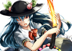 Rule 34 | &gt;:o, 1girl, :o, blue hair, bow, bowtie, deetamu, flaming sword, flaming weapon, food, frills, fruit, hair between eyes, hat, hinanawi tenshi, holding, holding sword, holding weapon, leaf, long hair, looking at viewer, open mouth, orange eyes, peach, puffy short sleeves, puffy sleeves, red bow, short sleeves, simple background, solo, sword, sword of hisou, touhou, upper body, v-shaped eyebrows, weapon, white background