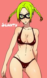 Rule 34 | 1girl, bikini, blonde hair, braid, breasts, character name, cleavage, cowboy shot, domino mask, ear piercing, gluteal fold, green eyes, groin, highres, kamezaemon, mask, original, parted bangs, piercing, red bikini, short hair, simple background, small breasts, solo, swimsuit, twin braids