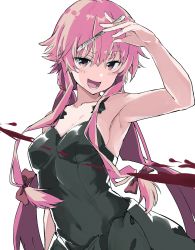 Rule 34 | 1girl, absurdres, armpits, black dress, blood, blood spray, collarbone, covered navel, dress, gasai yuno, highres, holding, holding knife, knife, long hair, looking at viewer, mirai nikki, open mouth, pink eyes, pink hair, rauto, scalpel, simple background, solo, twintails, upper body, white background