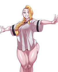 Rule 34 | absurdres, barbarian, blonde hair, blouse, blue eyes, braid, highres, hilde (nisego), meme, muscular, muscular female, narrow waist, nisego, no pants, original, pajamas challenge, see-through, shirt, simple background, single braid, solo, tagme, thighs, white background, white shirt, wide hips