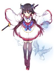 Rule 34 | 1girl, bare shoulders, black hair, black thighhighs, blue eyes, detached sleeves, hair bobbles, hair ornament, haruyuki (yukichasoba), highres, japanese clothes, long hair, looking at viewer, magic, original, sandals, scabbard, sheath, solo, sword, thighhighs, two side up, weapon