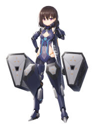 Rule 34 | 1girl, armored boots, black gloves, black thighhighs, blue footwear, blue leotard, boots, breasts, brown hair, cleavage cutout, closed mouth, clothing cutout, commentary request, copyright request, covered navel, gloves, hair between eyes, hand up, heijialan, highres, leotard, looking at viewer, mecha musume, official art, purple eyes, simple background, small breasts, solo, standing, thighhighs, white background