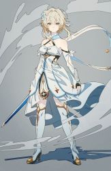 Rule 34 | 1girl, absurdres, bare shoulders, blonde hair, capelet, dress, dust, feather hair ornament, feathers, flower, gauntlets, genshin impact, hair flower, hair ornament, hajikkoneko, highres, holding, holding weapon, looking at viewer, lumine (genshin impact), weapon, white dress, white flower, yellow eyes