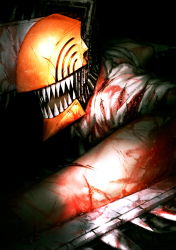 Rule 34 | 1boy, absurdres, artist request, black background, bleeding, blood, blood on clothes, bloody weapon, chainsaw, chainsaw man, cleaned, collared shirt, denji (chainsaw man), glowing, glowing eye, highres, hybrid, injury, key visual, male focus, official art, open mouth, promotional art, scar, sharp teeth, shirt, solo, teeth, upper body, weapon, white shirt