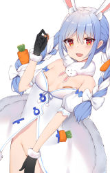 Rule 34 | 1girl, :d, absurdres, animal ear fluff, animal ears, bad id, bad pixiv id, bare shoulders, black gloves, blue hair, blush, bow, braid, breasts, breasts apart, carrot hair ornament, convenient arm, detached sleeves, dress, food-themed hair ornament, fur-trimmed dress, fur-trimmed gloves, fur collar, fur trim, gloves, groin, hair between eyes, hair bow, hair ornament, hand up, highres, hololive, long hair, looking at viewer, multicolored hair, no panties, open mouth, pasties, puffy short sleeves, puffy sleeves, rabbit ears, rabbit girl, red eyes, short sleeves, sidelocks, small breasts, smile, solo, strapless, strapless dress, twin braids, two-tone hair, usada pekora, usada pekora (1st costume), virtual youtuber, white bow, white dress, white hair, xiao lin jiu