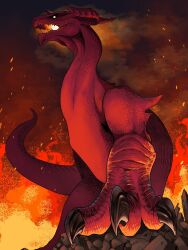 Rule 34 | animal focus, breath weapon, curled horns, dragon, dungeon meshi, fire, from below, glowing, glowing eyes, highres, horns, light particles, no humans, open mouth, pekoson, powering up, red theme, sharp teeth, smoke, solo, teeth, western dragon