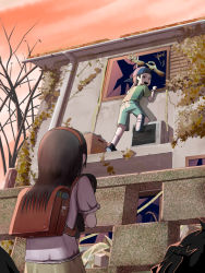 Rule 34 | 1boy, 1girl, air conditioner, backpack, bad id, bad pixiv id, bag, bag charm, bare tree, baseball cap, book, box, broken window, brown hair, can, cardboard box, charm (object), climbing, commentary request, doll, drink can, empty eyes, fence, ghost, hairband, hat, highres, holding, holding bag, house, ivy, long hair, looking at another, nail polish, okahi, open mouth, orange sky, original, outdoors, overgrown, plant, randoseru, red nails, school bag, shoes, shorts, sky, socks, soda can, trash bag, tree, undead, watch, window, wristwatch, zombie