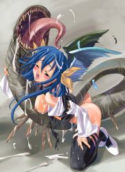 Rule 34 | 1girl, akaten, arc system works, asymmetrical wings, blue hair, breasts, cum, dizzy (guilty gear), guilty gear, large breasts, long sleeves, monster, no bra, no panties, ribbon, sharp teeth, solo, tail, tail ornament, tail ribbon, tears, teeth, thighhighs, wings