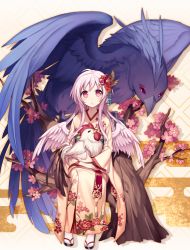Rule 34 | 1girl, ahoge, angel wings, animal, bird, chicken, chinese zodiac, feathered wings, furisode, hijiri (resetter), holding, holding animal, japanese clothes, kimono, long hair, looking up, original, oversized animal, parted lips, pink eyes, pink hair, sandals, sitting, socks, solo, tareme, tree, white socks, white wings, wings, year of the rooster
