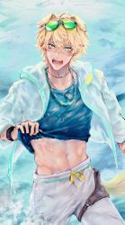 Rule 34 | abs, absurdres, animal ears, arknights, blonde hair, blue eyes, blue sky, blue tank top, earrings, eyewear on head, highres, jewelry, male focus, open mouth, sky, solo, tail, tank top, tequila (arknights), water, wet, wet clothes, zz zuobiaoqi