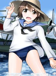 Rule 34 | 1girl, absurdres, aircraft, airplane, animal ears, breasts, brown eyes, brown hair, cameltoe, dog ears, highres, long sleeves, military, military uniform, miyafuji yoshika, open mouth, partially submerged, school swimsuit, school uniform, small breasts, solo, strike witches, swimsuit, swimsuit under clothes, uniform, world witches series