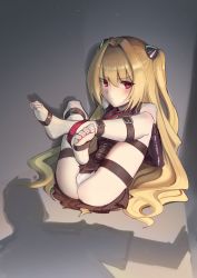 Rule 34 | 1girl, absurdres, arms behind back, barefoot, bdsm, blonde hair, bondage, bound, breasts, commission, dress, feet, hair ornament, highres, kaddo, konjiki no yami, long hair, looking at viewer, red eyes, restrained, second-party source, soles, solo, thigh strap, to love-ru, to love-ru darkness, toe scrunch, toes, two side up, very long hair