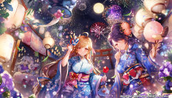 Rule 34 | 3girls, aerial fireworks, apple caramel, bag, bagged fish, black hair, blue kimono, bow, breasts, brown hair, candy apple, chocolate banana, company name, cotton candy, dated, festival, fireworks, fish, floral print, flower, food, gloves, grey hair, hand up, highres, holding, holding food, index finger raised, japanese clothes, kimono, lantern, large breasts, long hair, low-tied long hair, moon, multiple girls, night, night sky, official art, outdoors, paper lantern, pink bow, red bow, red eyes, sangokushi meishouden, sky, smile, torii, very long hair, watermark, white gloves, wide sleeves, wind chime